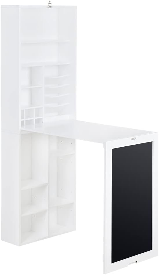 White Collapsible Wall Desk Cabinet with Chalkboard and Bottom Shelf Y5447