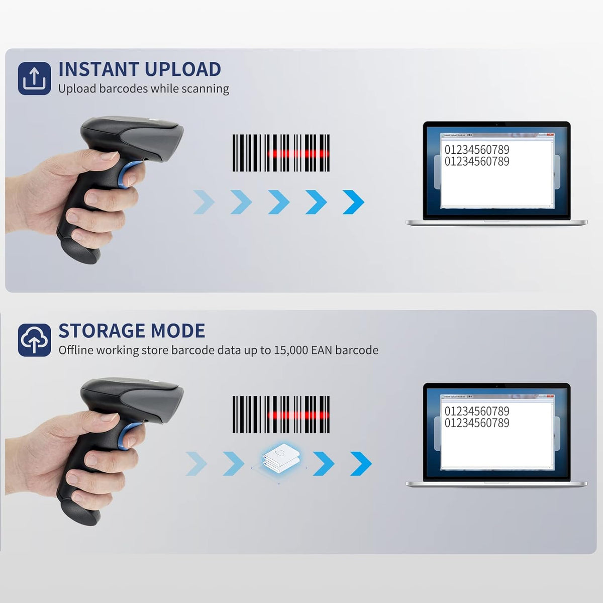 Bluetooth Barcode Scanner 2D QR Code, Handheld Barcode Reader Automatic Scan 1D PDF417 Datamatrix J9236