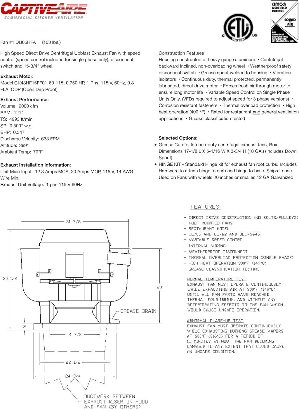 19 Fan Base Centrifugal Upblast Exhaust Fan with Speed Control L159085