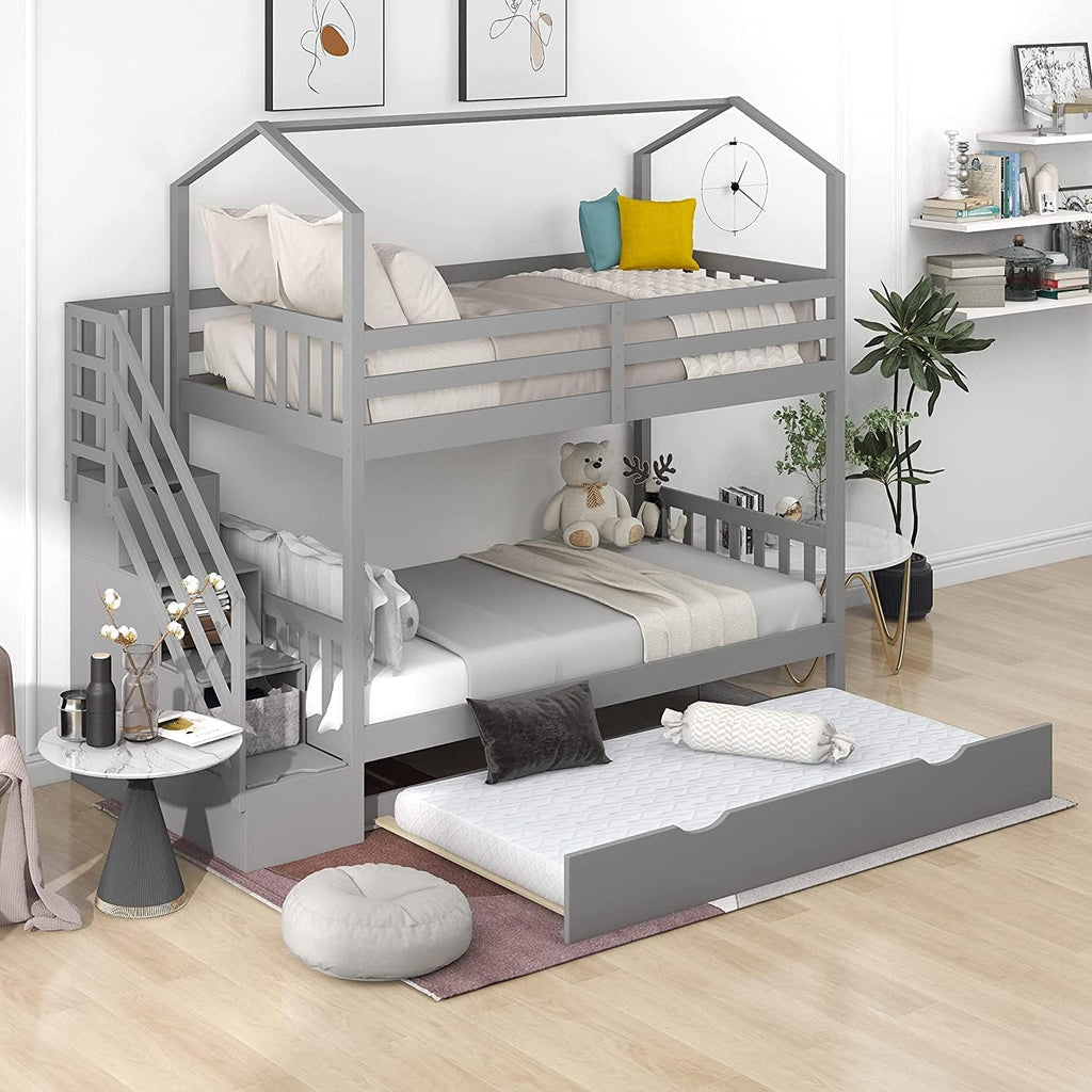 Twin Over Full Bunk Bed with Safety Guardrails & Ladder, Gray B8132