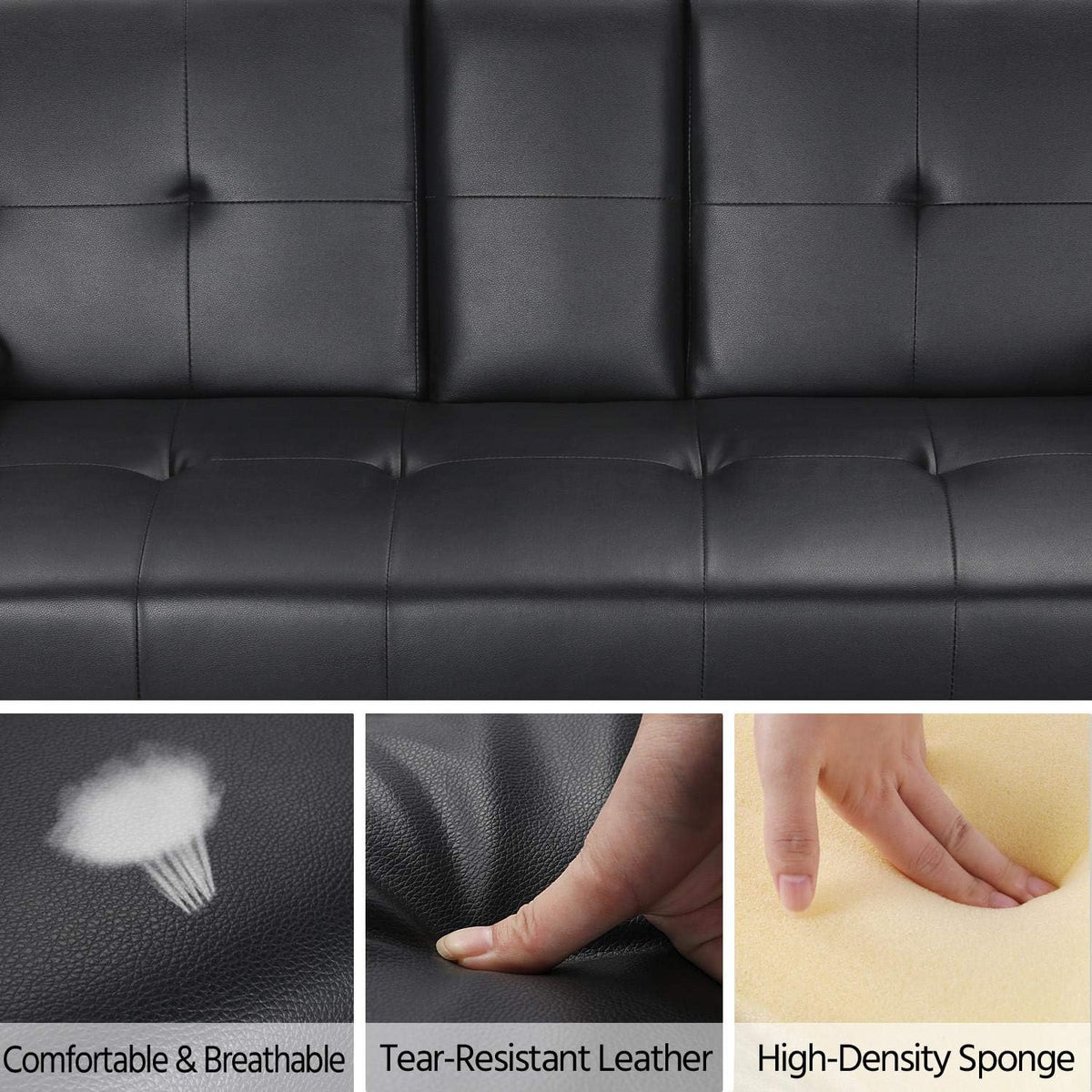 Black Faux Leather Futon Set Convertible Sleeper Loveseat Daybed B788