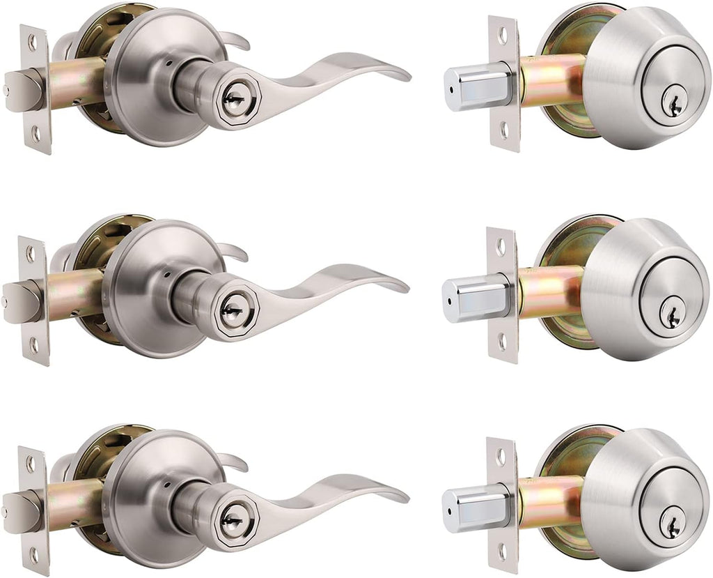 4 Pack Keyed Alike Front Door Entry Lever Lockset and Single Cylinder Deadbolt Combination Set, Satin Nickel T577