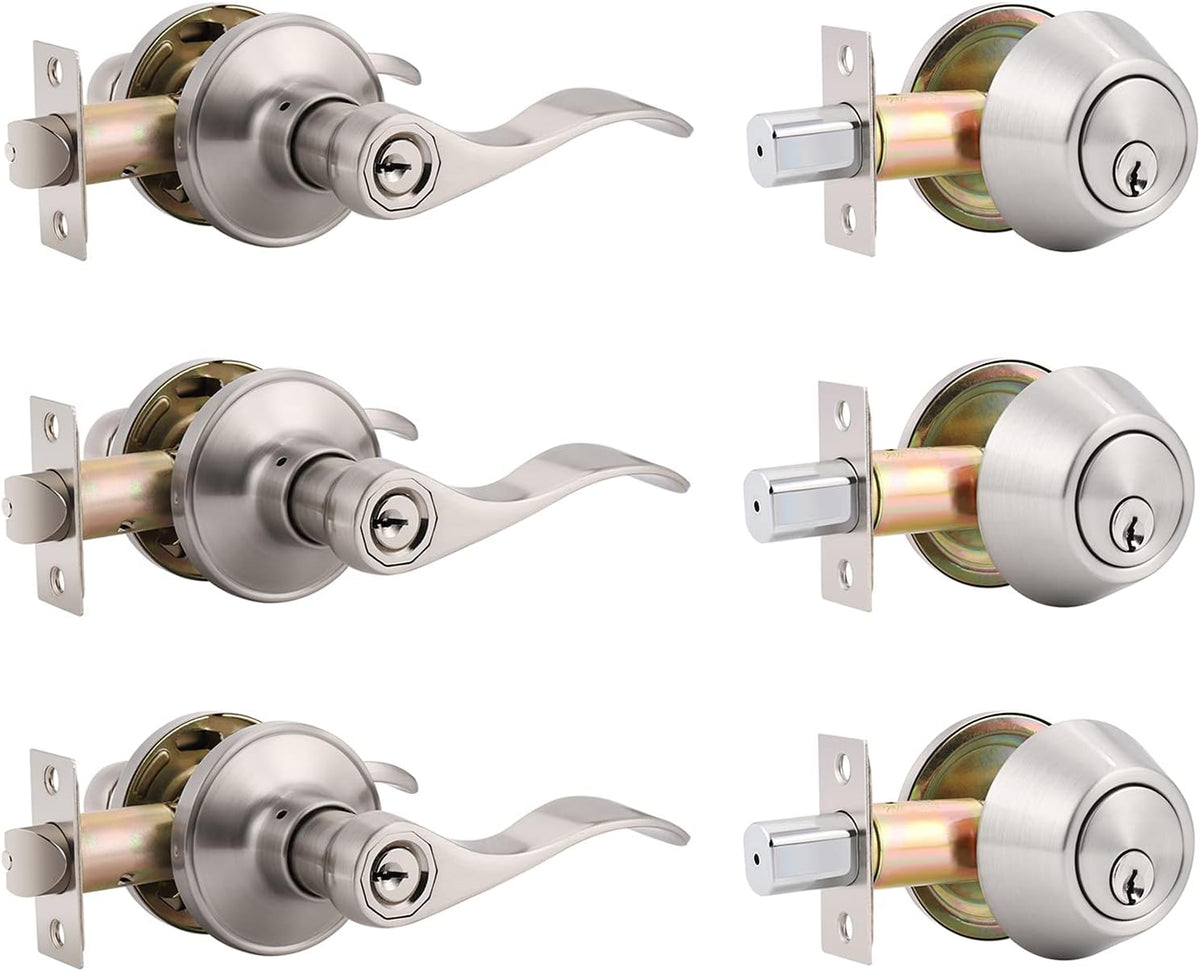 4 Pack Keyed Alike Front Door Entry Lever Lockset and Single Cylinder Deadbolt Combination Set, Satin Nickel T577