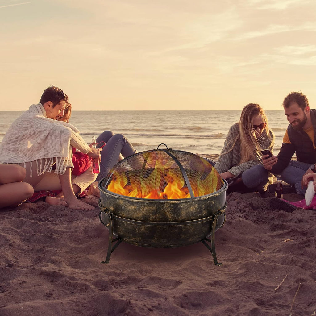 31-Inch Round Wood Burning Fire Pit with Metal Grate, Screen, Poker E707437