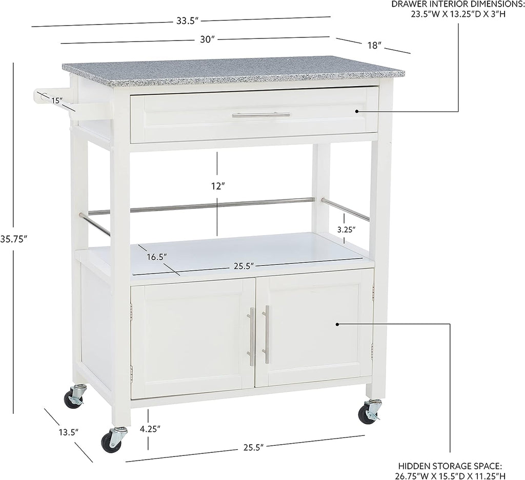 White Granite Topped Kitchen Cart with Lockable Casters and Hidden Storage Spaces L332