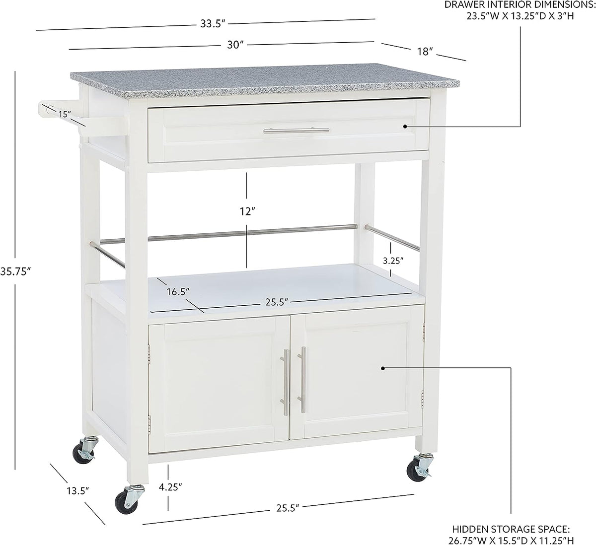 White Granite Topped Kitchen Cart with Lockable Casters and Hidden Storage Spaces L332