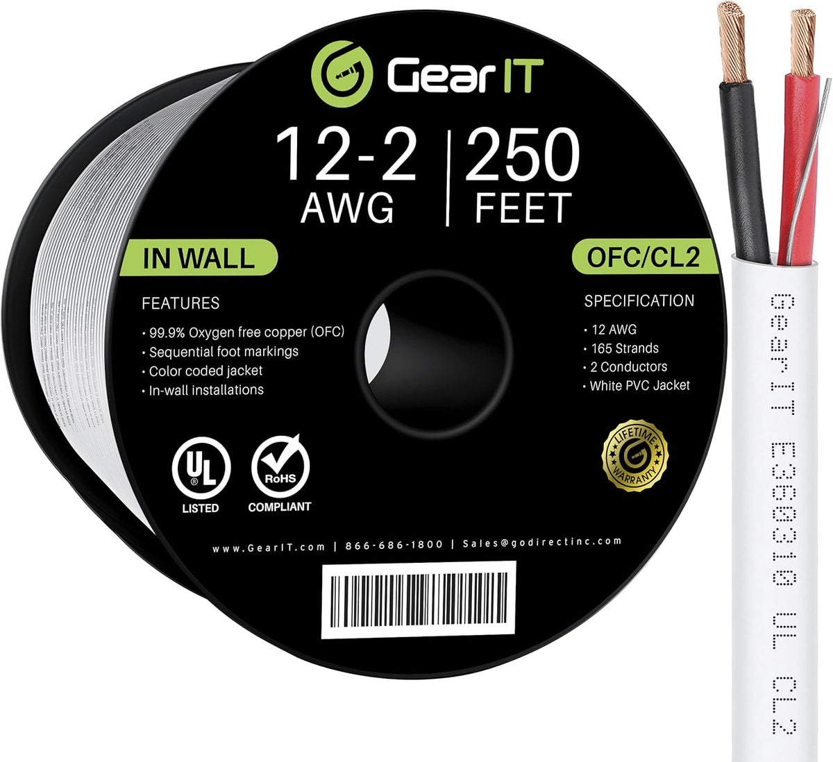 12AWG 250 Feet CL2 Rated 2 Conductors OFC White Speaker Wire Z1872