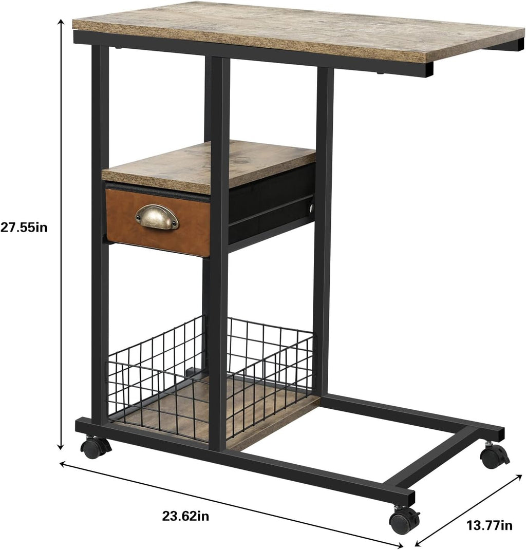 C Shaped Couch Side Table with Drawer, Rolling Bedside Desk P56741