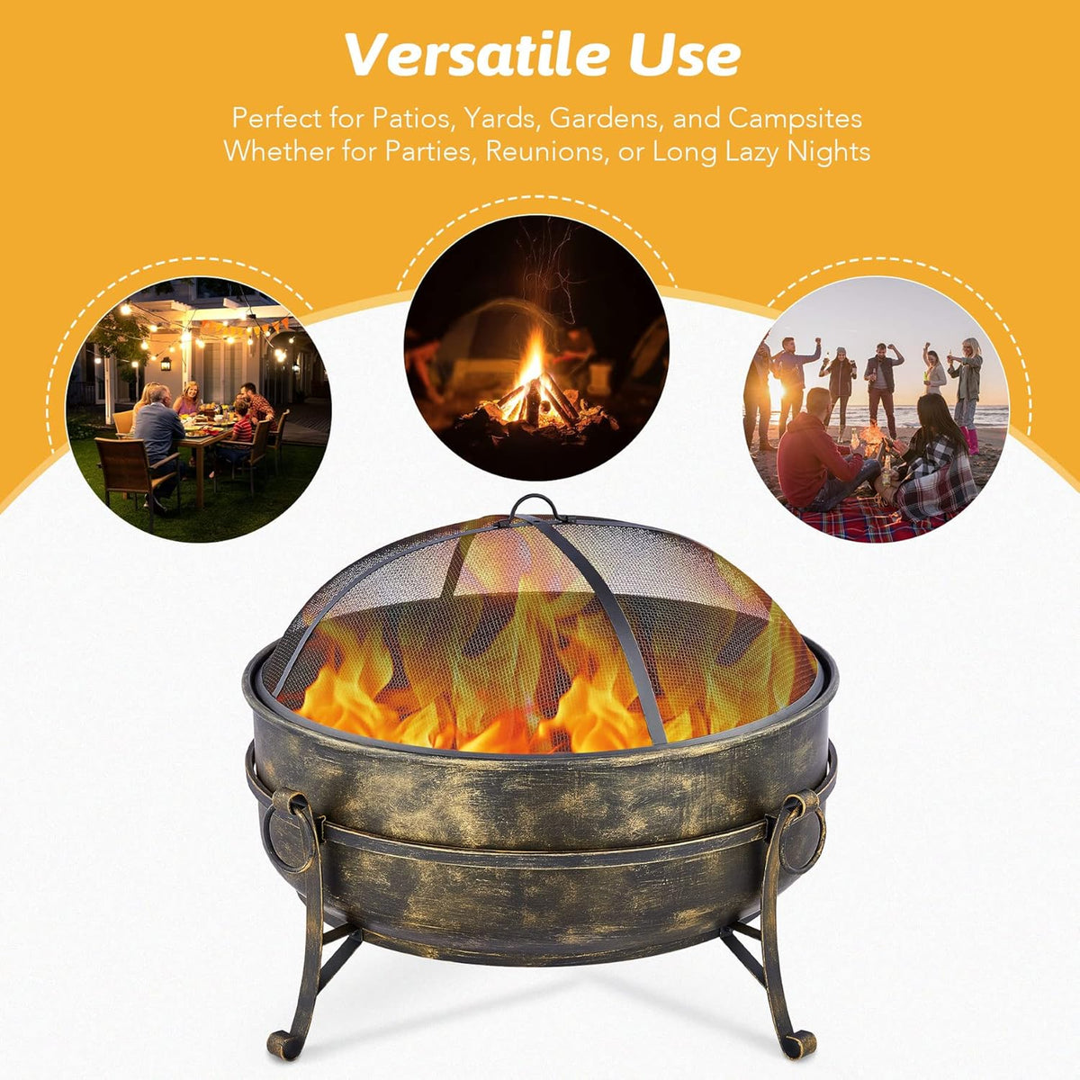 31-Inch Round Wood Burning Fire Pit with Metal Grate, Screen, Poker E707437