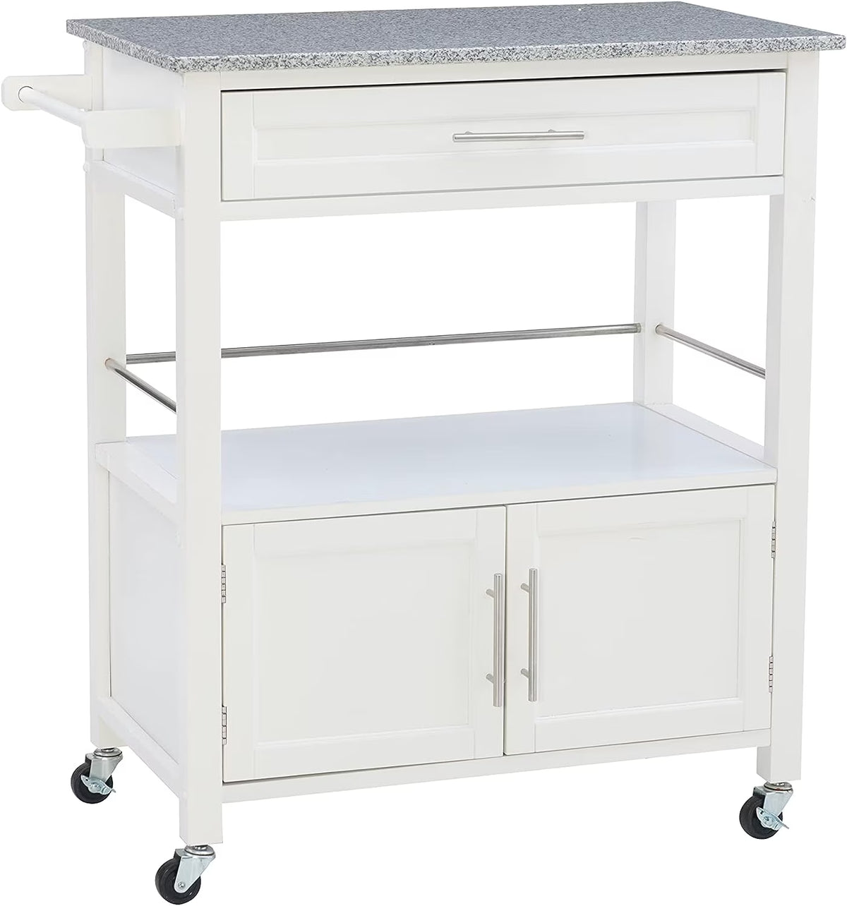 White Granite Topped Kitchen Cart with Lockable Casters and Hidden Storage Spaces L332