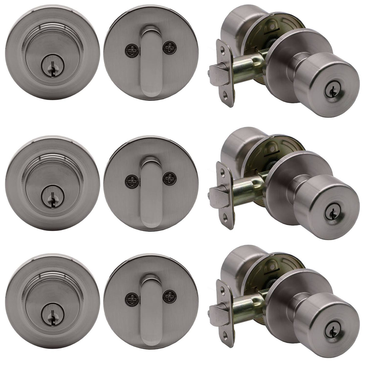Satin Nickel Keyed Entry Door Knob / Deadbolt 3-Pack with Round Rose O1584