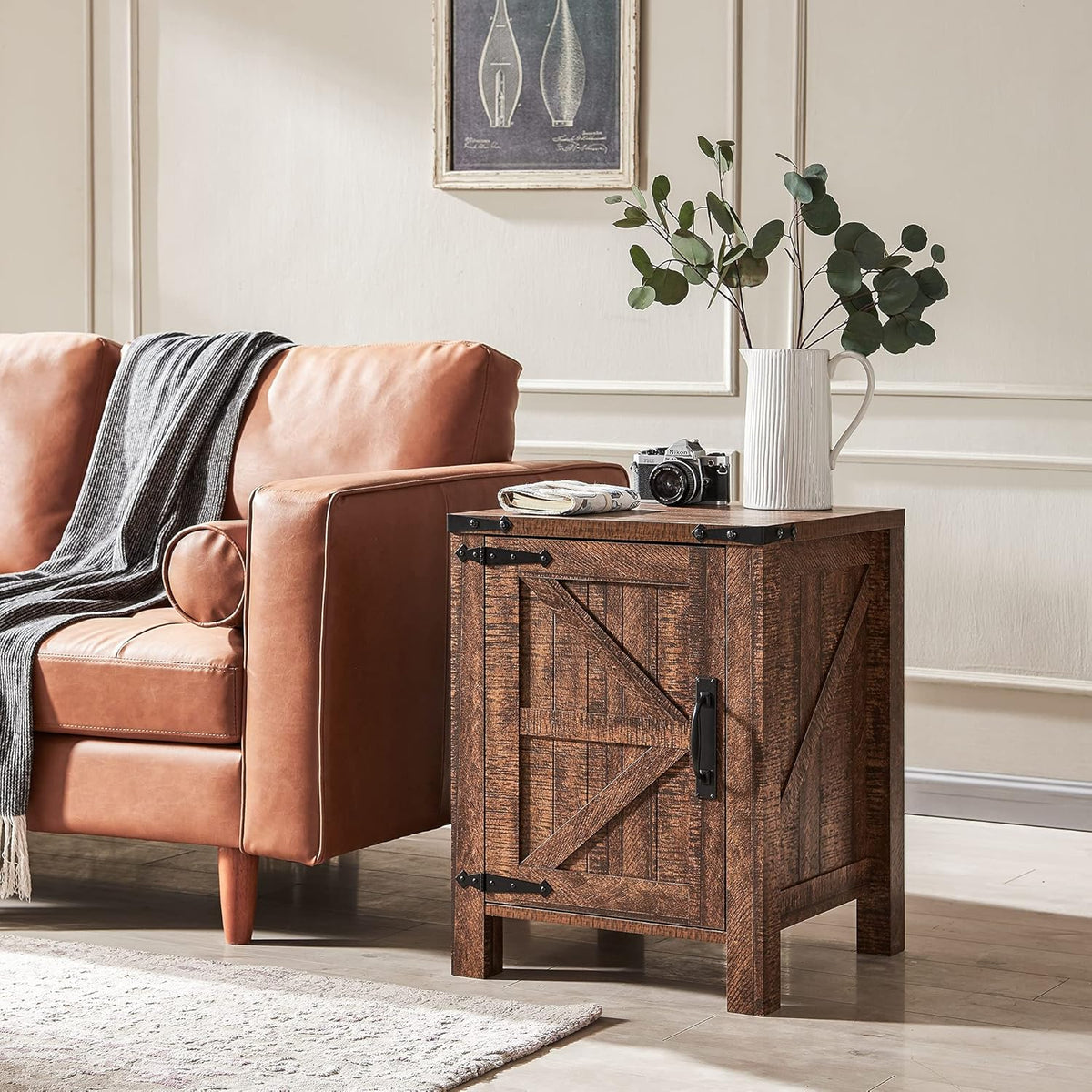 Light Rustic Oak End Tables with Sliding Barn Door and Storage Cabinets Shelves P309