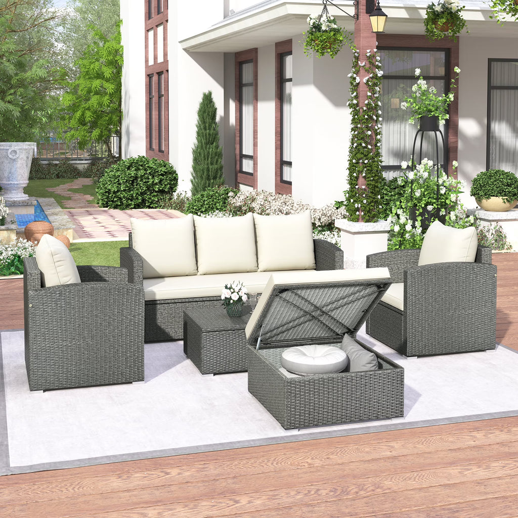 Gray Wicker Beige Cushion 5-Piece PE Rattan Sectional Sofa Set I911