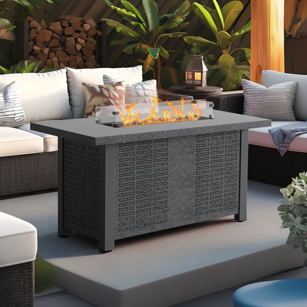 42 inch 50,000 BTU Rectangle Propane Gas Fire Pit Table with Lid, Glass Wind Guard, Waterproof Cover, Lava Rocks - Steel J27370