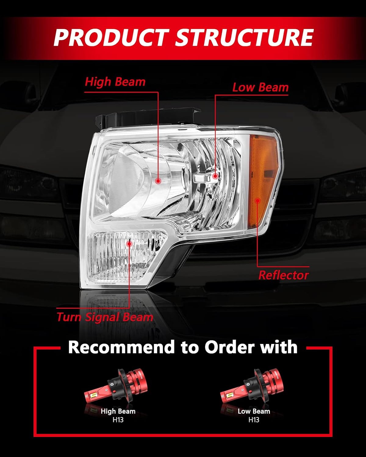 Chrome Housing Headlight Assembly for 2009-2014 F150 Q5582