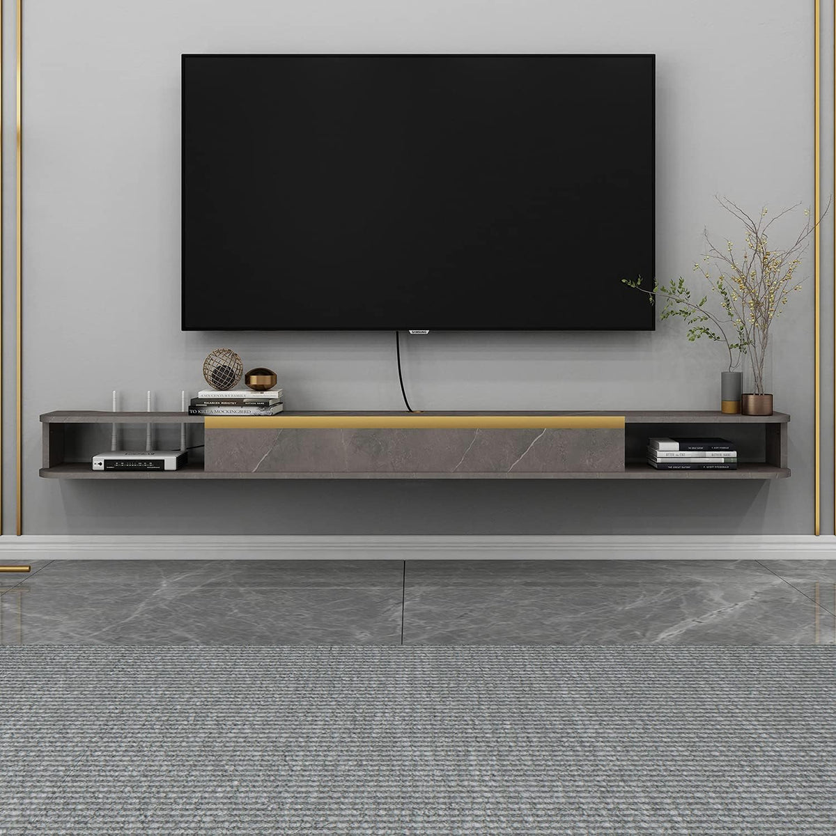47.24 in Dark Gray Wall Mounted Wood TV Shelf with 3 Doors P789814