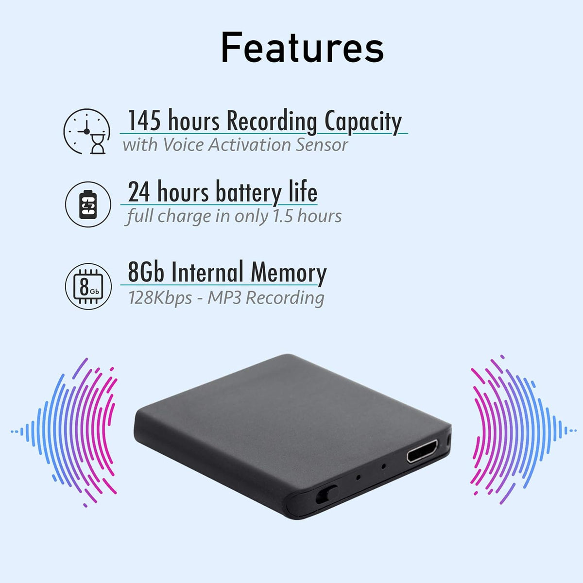 Slimmest Voice Activated Recorder, 145 Hours Recording Capacity, MP3, 24 Hours Battery, Metal Case, Pack of 2 I49003