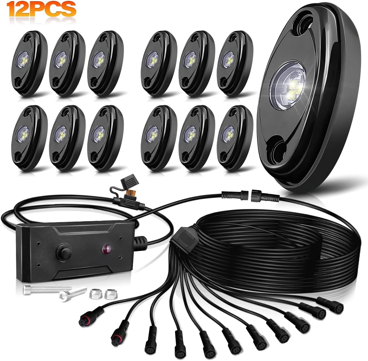 White LED Rock Lights 12Pods with 23FT Harness Switch Fuse kit M2939