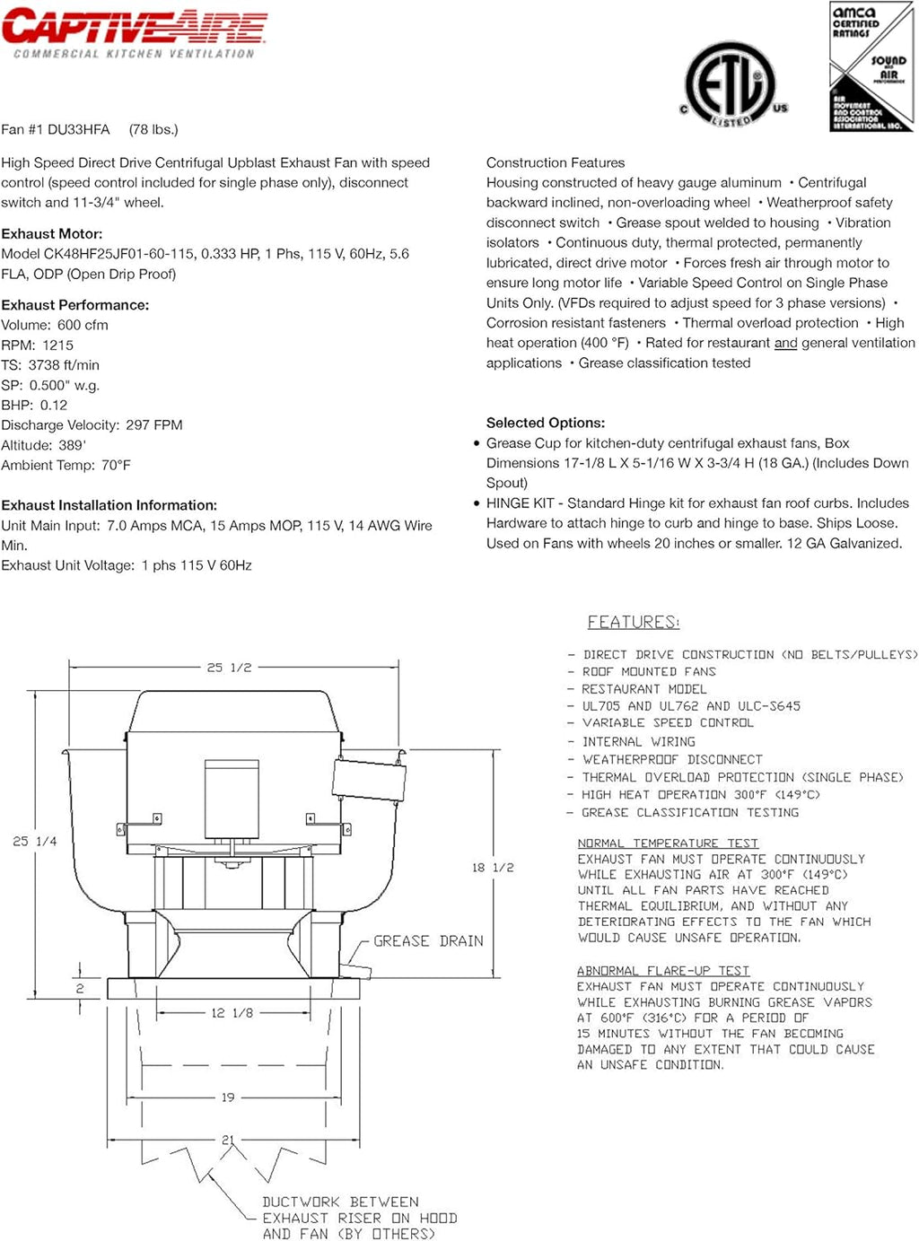 19 Fan Base Centrifugal Upblast Exhaust Fan with Speed Control L159085