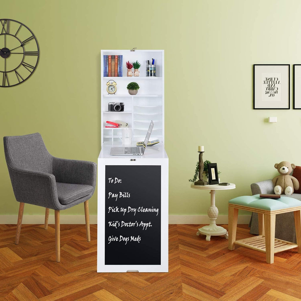 White Collapsible Wall Desk Cabinet with Chalkboard and Bottom Shelf Y5447