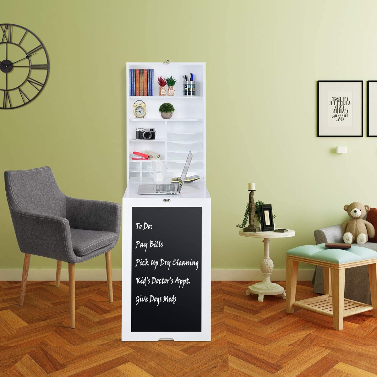 White Collapsible Wall Desk Cabinet with Chalkboard and Bottom Shelf Y5447