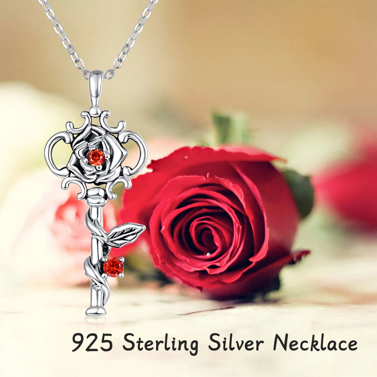 Sterling Silver Rose Key to Heart Pendant Necklace S484