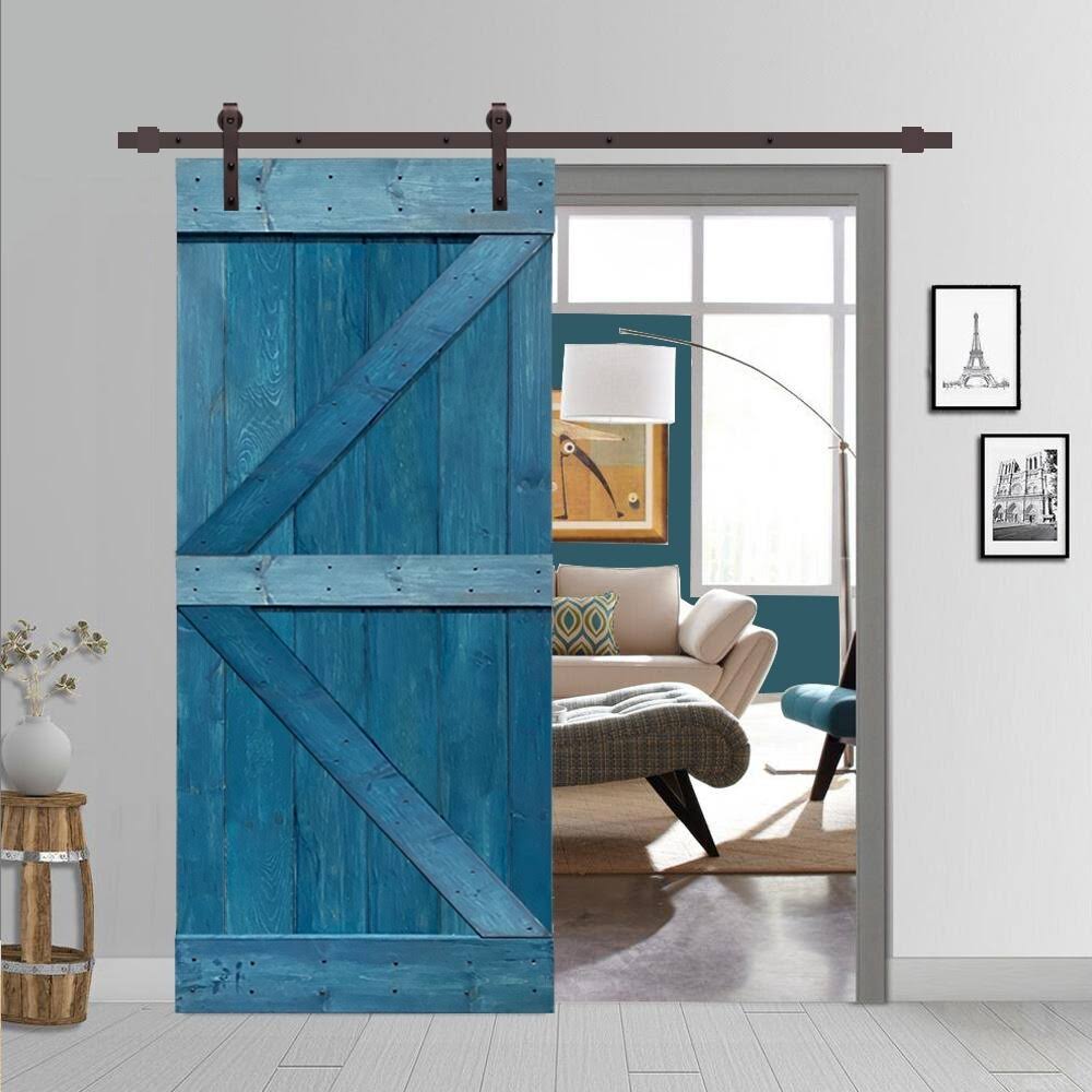 Ocean Blue Stained Wood Interior Sliding Barn Door with Hardware Kit G9256