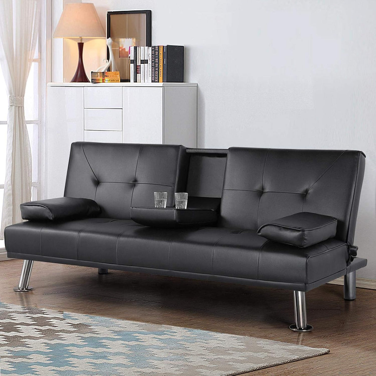 Black Faux Leather Futon Set Convertible Sleeper Loveseat Daybed B788