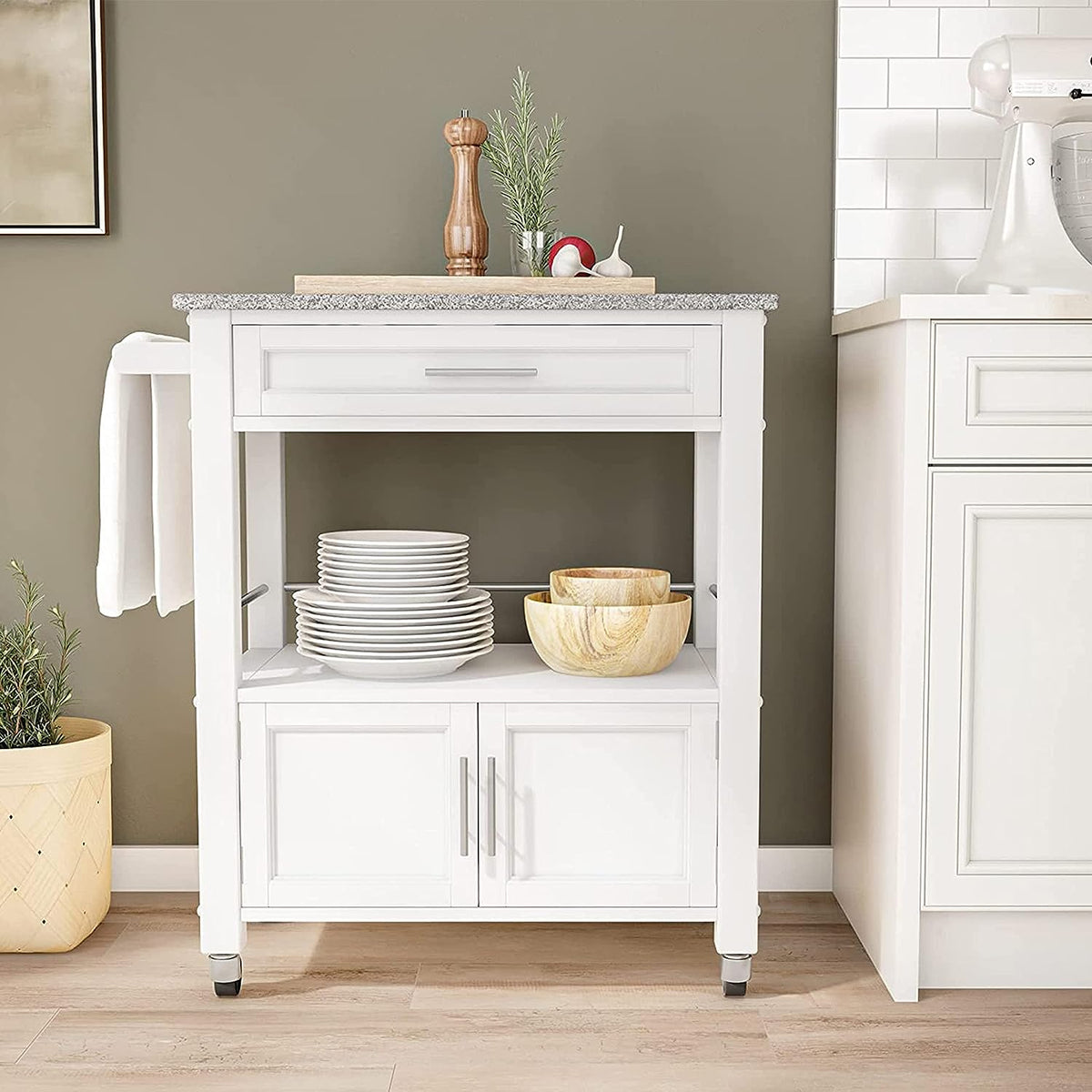 White Granite Topped Kitchen Cart with Lockable Casters and Hidden Storage Spaces L332
