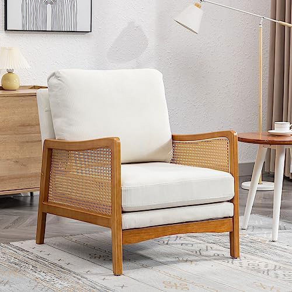 Beige Velvet Upholstered Accent Chair with Rattan Armrest S83765