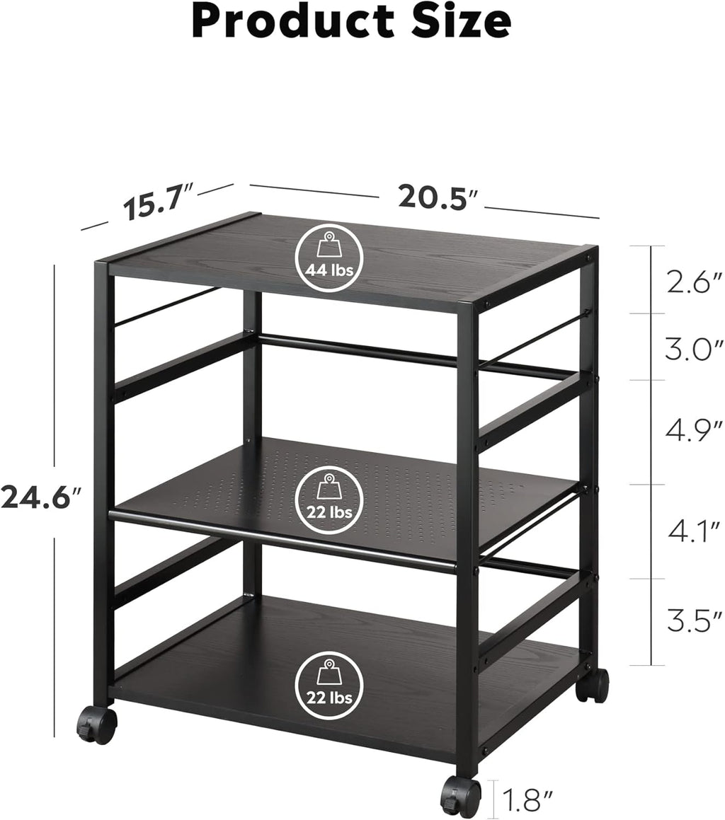 Black Mobile 3-Shelf Printer Stand with Adjustable Shelves G6685