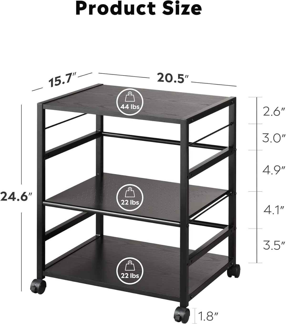 Black Mobile 3-Shelf Printer Stand with Adjustable Shelves G6685
