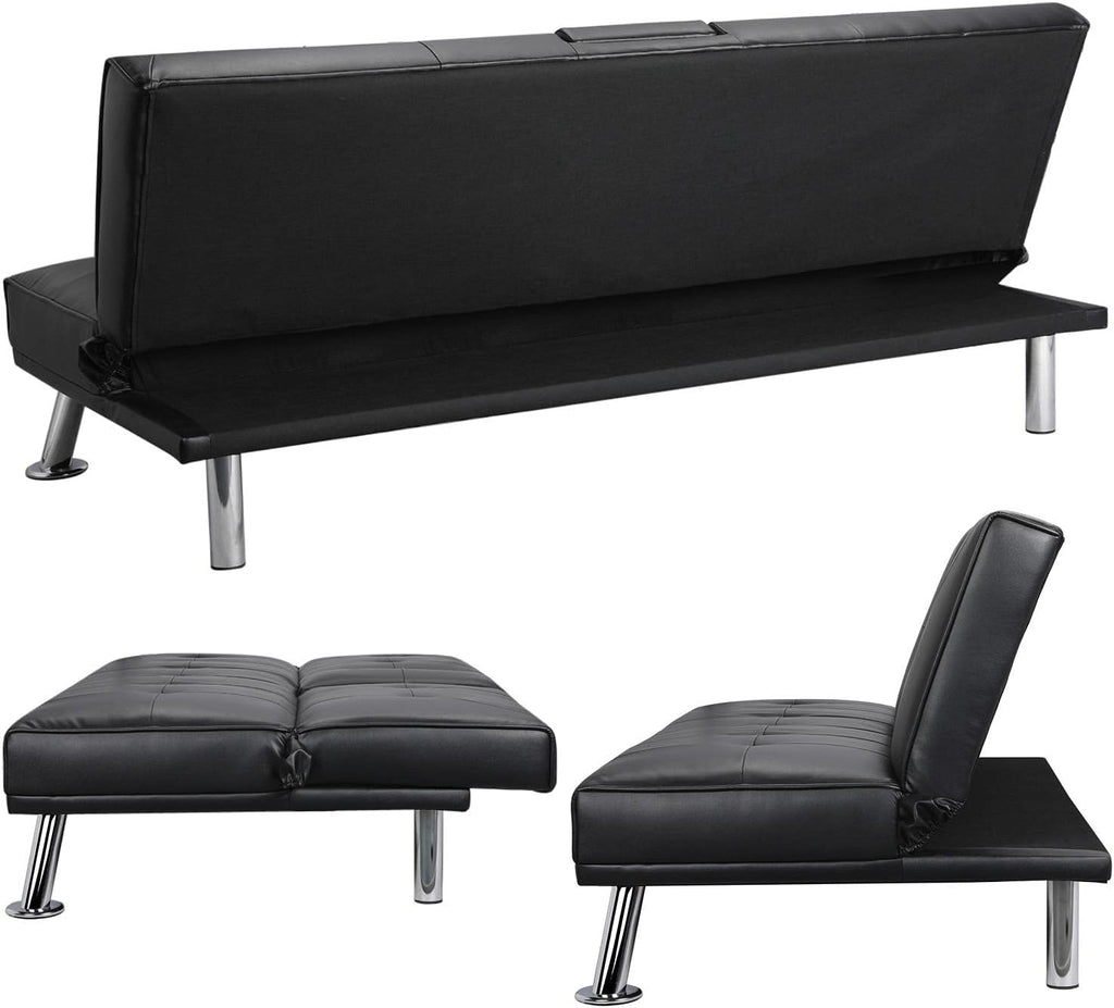 Black Faux Leather Futon Set Convertible Sleeper Loveseat Daybed B788