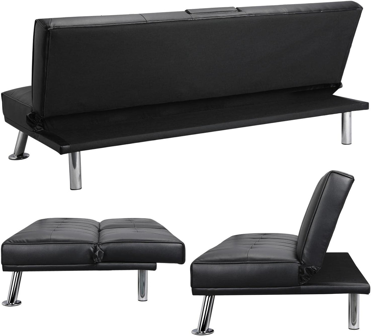 Black Faux Leather Futon Set Convertible Sleeper Loveseat Daybed B788