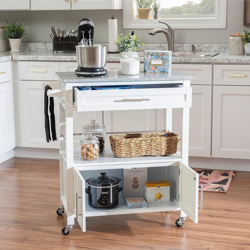 White Granite Topped Kitchen Cart with Lockable Casters and Hidden Storage Spaces L332
