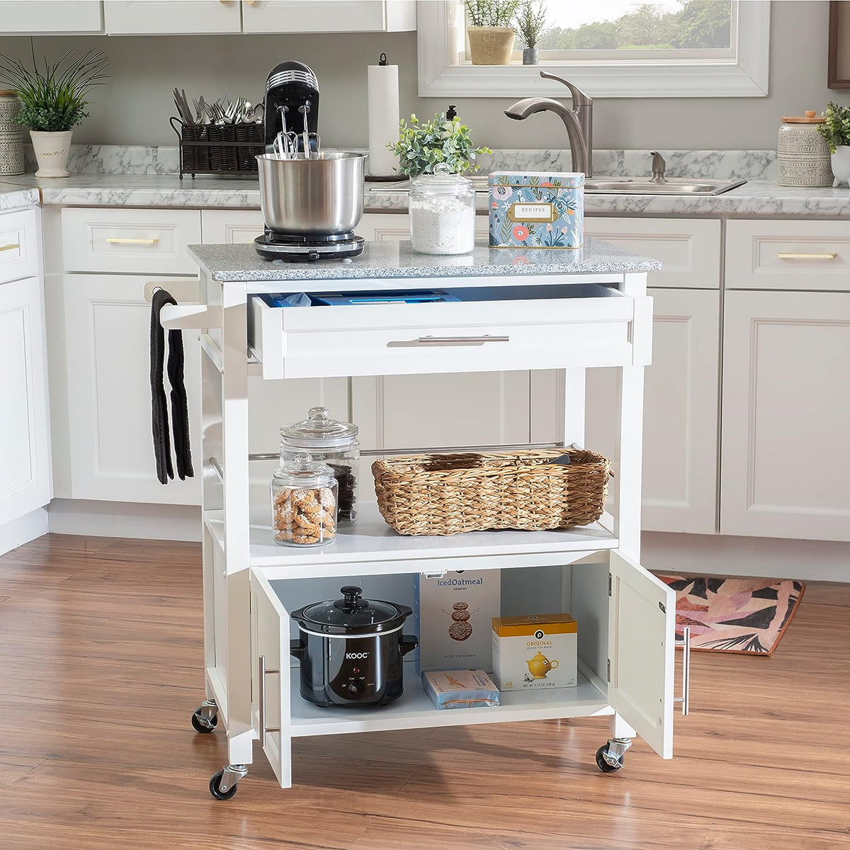 White Granite Topped Kitchen Cart with Lockable Casters and Hidden Storage Spaces L332