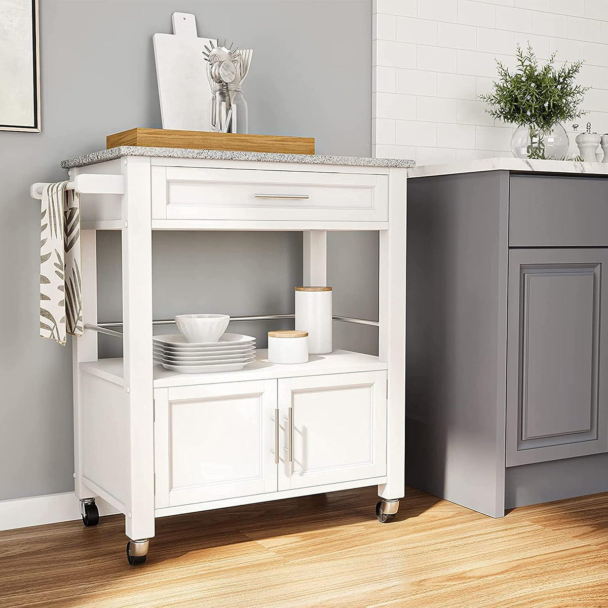 White Granite Topped Kitchen Cart with Lockable Casters and Hidden Storage Spaces L332