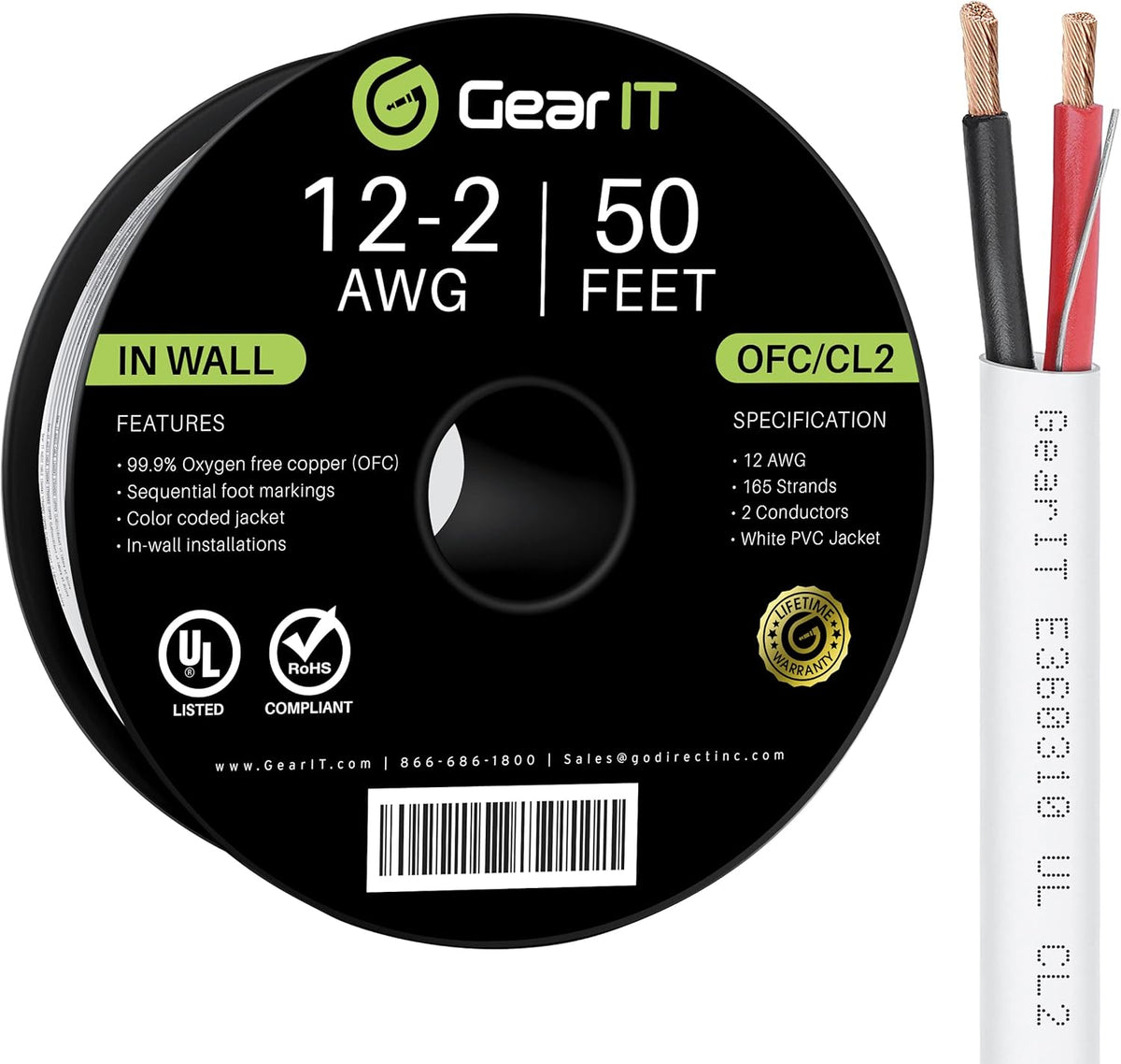 12AWG 250 Feet CL2 Rated 2 Conductors OFC White Speaker Wire Z1872