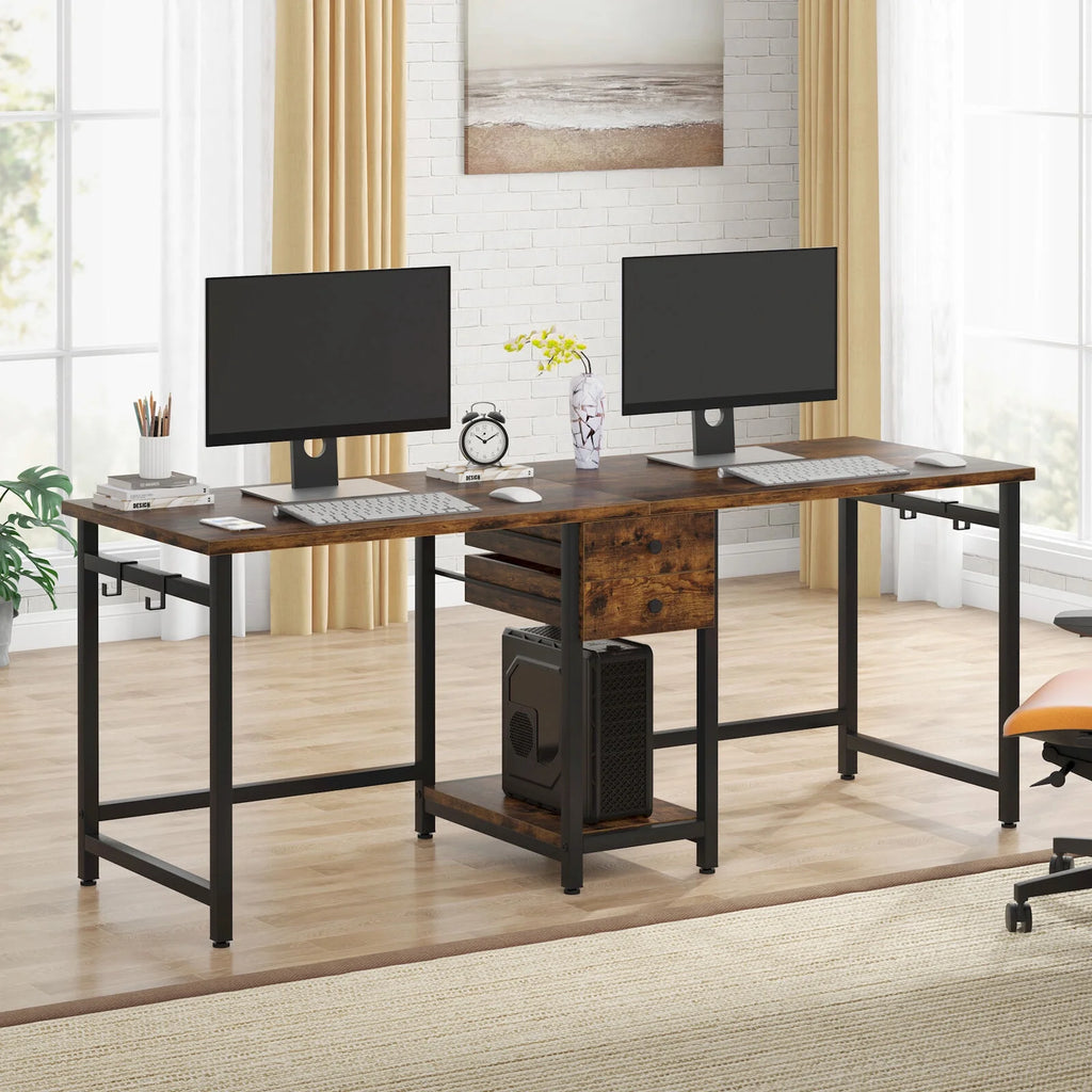 78 Inch Double Working Desk with 2 Drawers and Shelf X3254