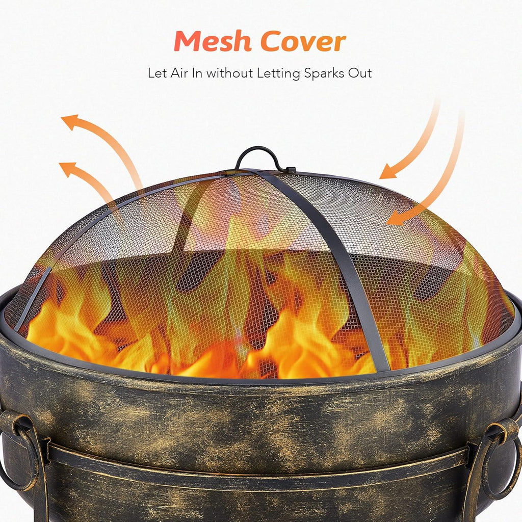 31-Inch Round Wood Burning Fire Pit with Metal Grate, Screen, Poker E707437