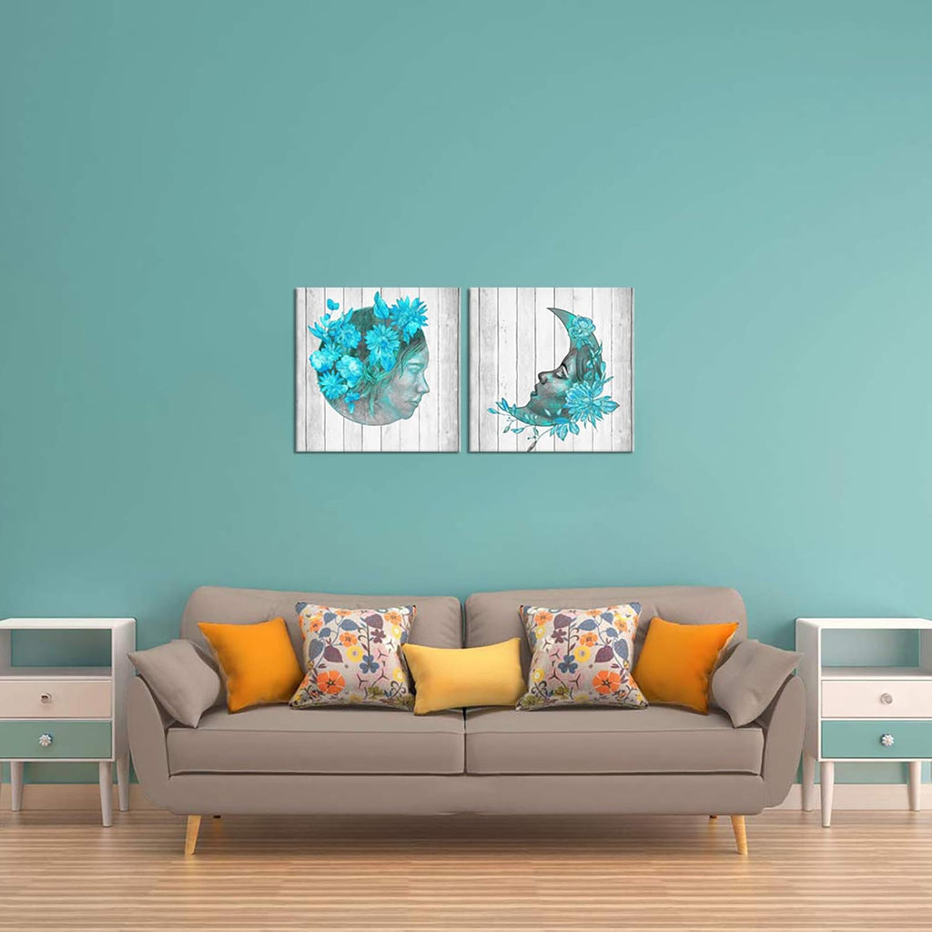 2 Pieces Teal Blue Floral Canvas Print Framed Wall Art F626