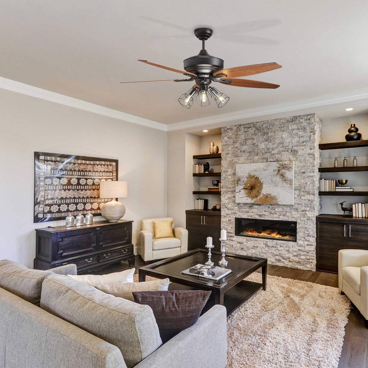 52-Inch Dark Brown Bronze Ceiling Fan with Lights and Remote I3588