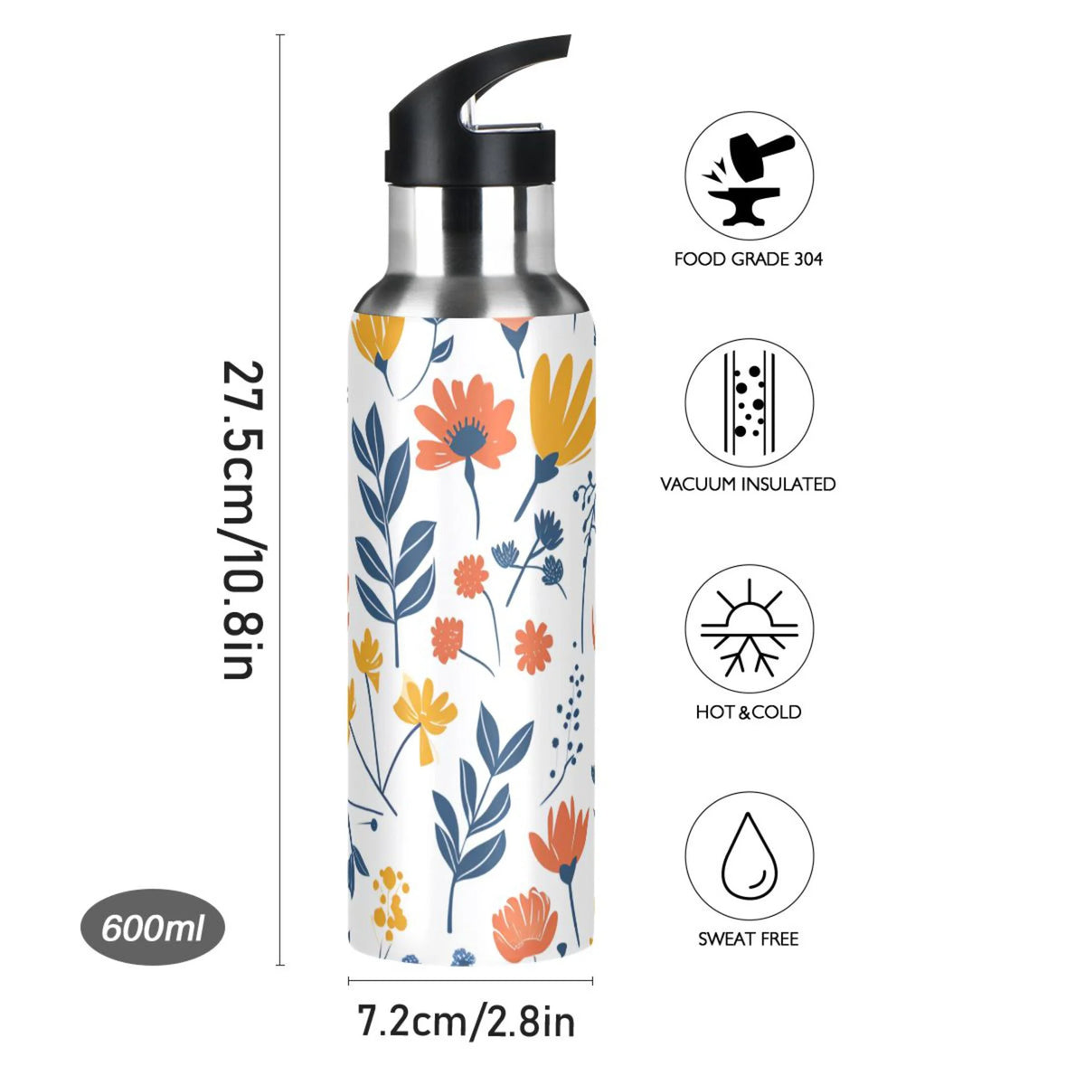 20 oz Insulated Stainless Steel Water Bottle with Straw Lid D1171