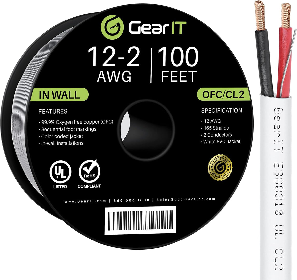 12AWG 250 Feet CL2 Rated 2 Conductors OFC White Speaker Wire Z1872