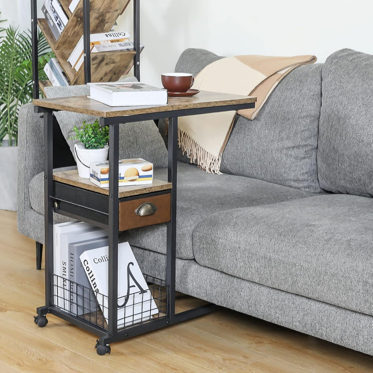C Shaped Couch Side Table with Drawer, Rolling Bedside Desk P56741