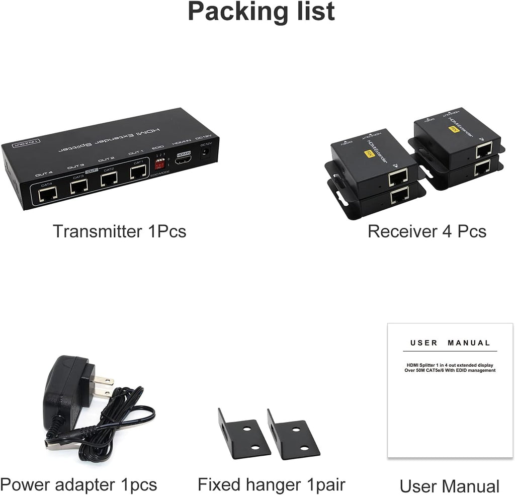 HDMI Extender Splitter 1 in 4 Out Over Cat5e/6/7 Repeater Balun Sender Receiver Support 1080p EDID Presets POC V16285
