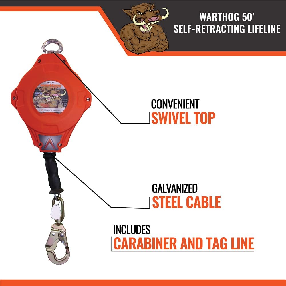 50-Foot Self-Retracting Lifeline with Steel Snap Hook & Carabiner D193