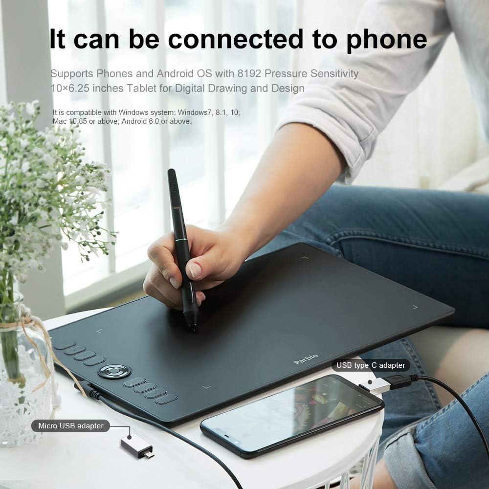 8192 Levels Battery-Free Stylus Graphics Drawing Tablet with 8 Express Keys O1379