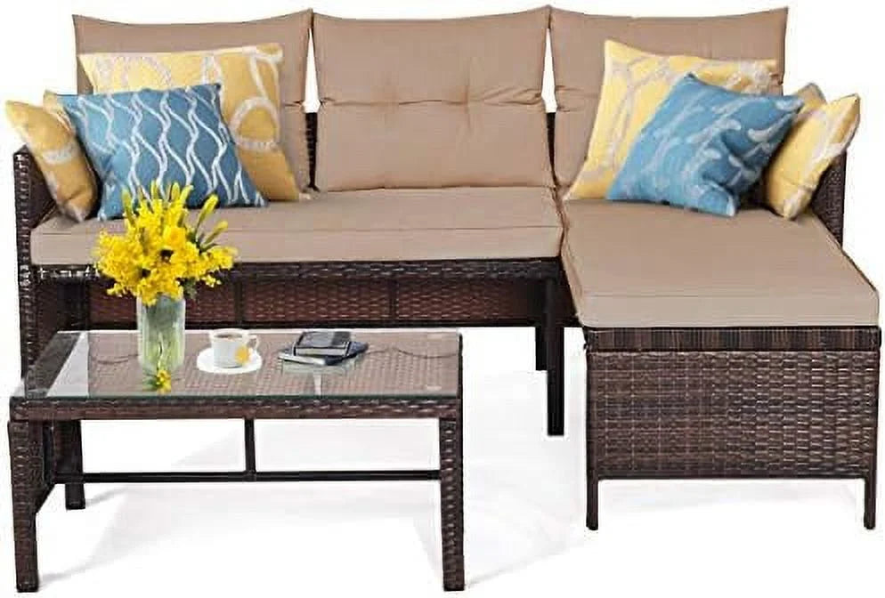 3 Piece Outdoor Rattan Corner Sofa Set with Coffee Table T327