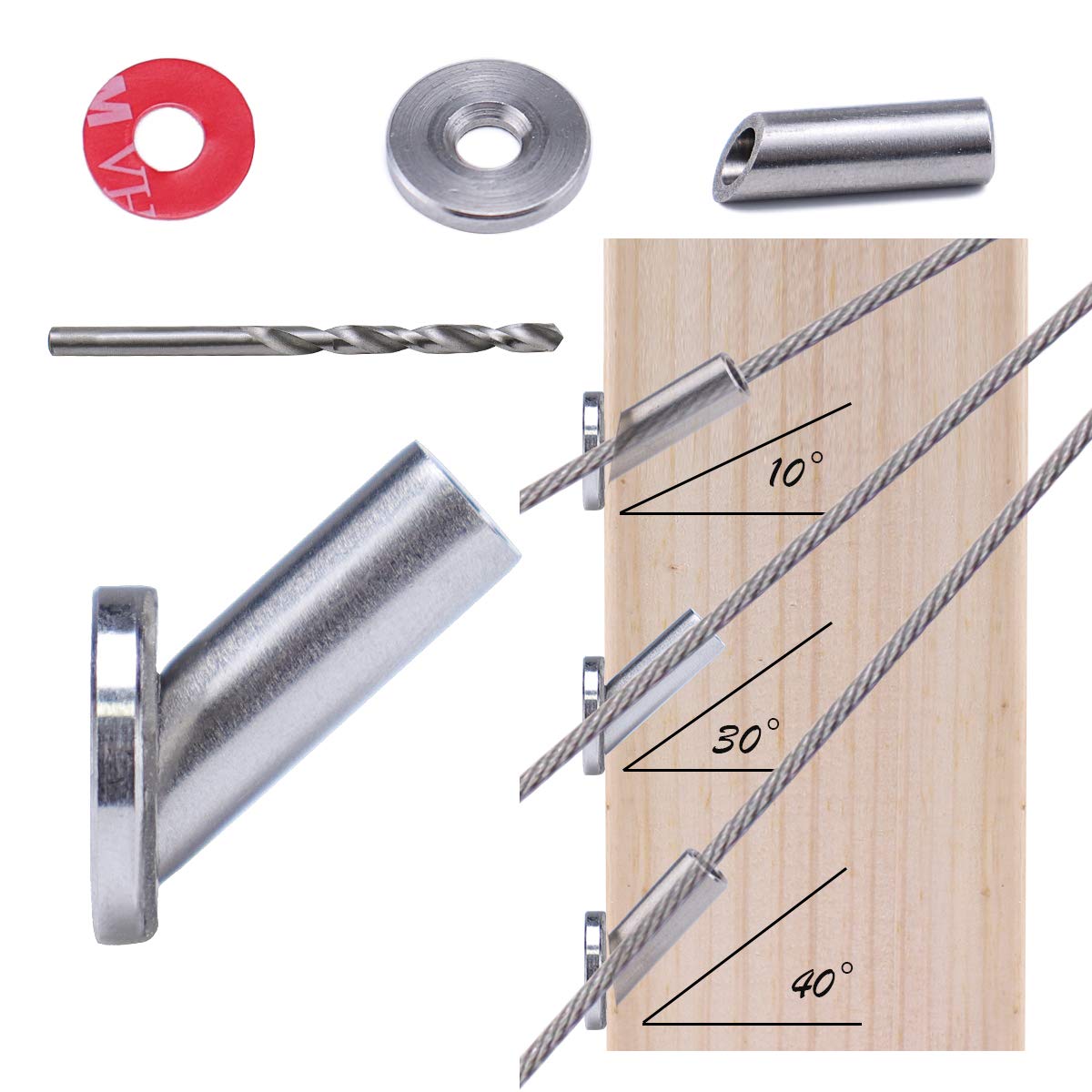 50Pack Cable Railing Kit Angled Protective Grommet for 90 Degree Corner 45 Degree L Shape Protector Sleeve for 1/8 Wire Rope Wood Posts T316 Stainless Steel I505906